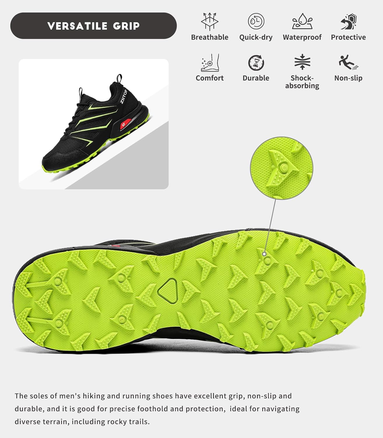 Mens Trail Running Shoes Waterproof Non-Slip Hiking Walking Sneakers for Outdoor Trailing Trekking Camping Quest Black