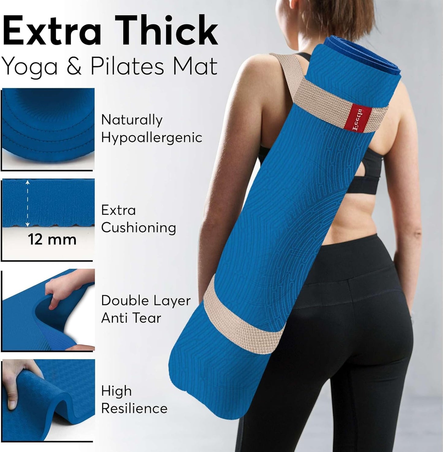 Extra Thick 12mm Exercise Mat – Non-Slip, Joint-Friendly & Cushioned Fitness Mat for Yoga, Pilates & Floor Workouts – Durable, Supportive & Includes Feetlu Classic Strap