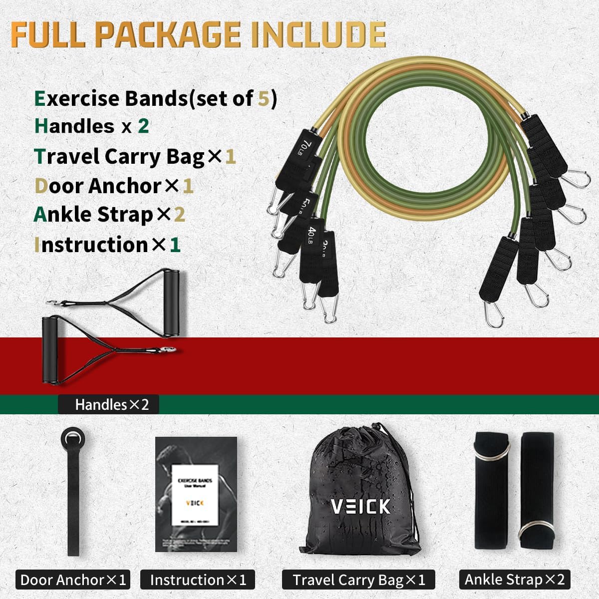 VEICK Resistance Bands, Exercise Bands, Workout Bands, Resistance Bands for Working Out with Handles for Men and Women, Exercising Bands for Fitness Weights Work Out at Home