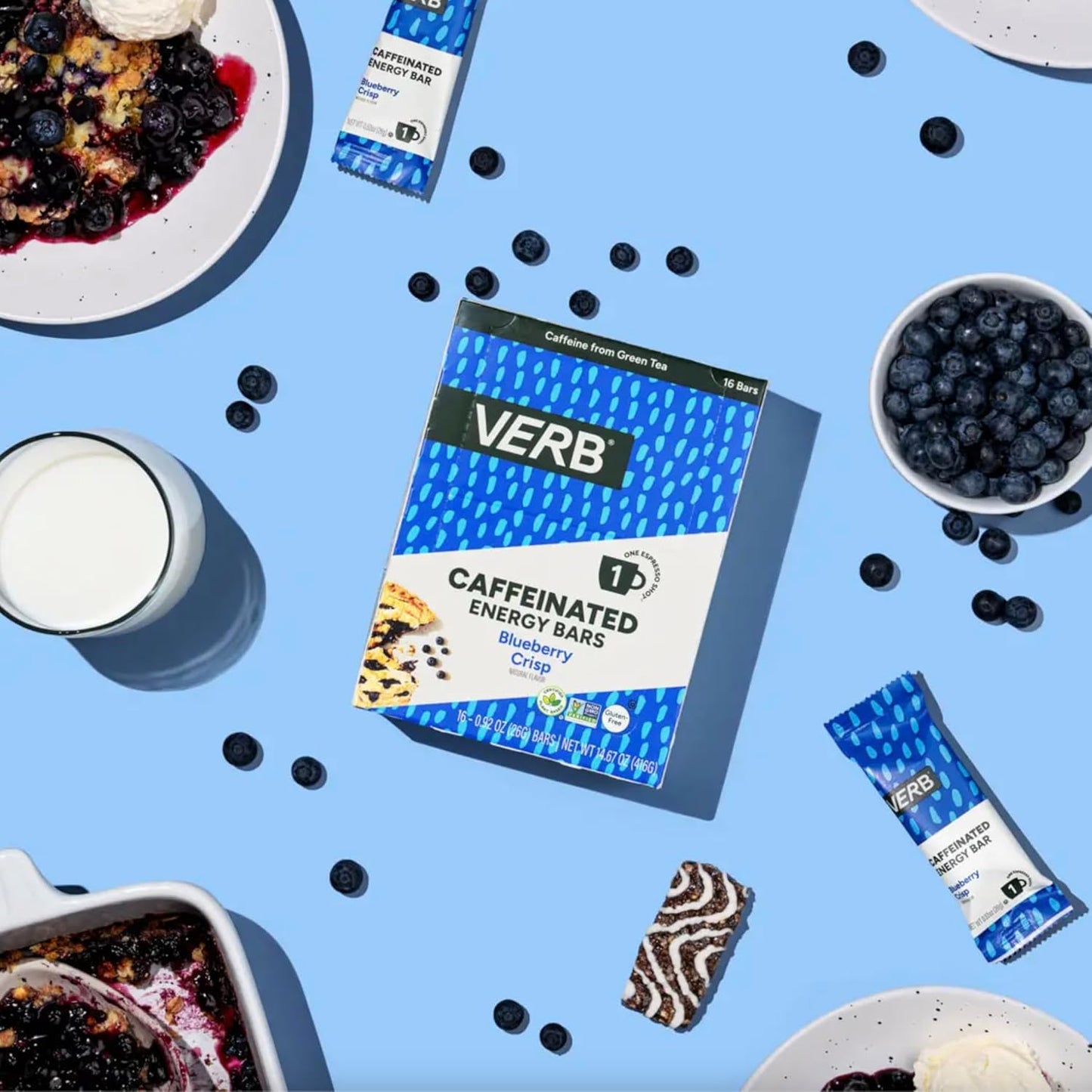 Verb Caffeinated Energy Bars Blueberry Crisp (26g, Pack of 16) 110-Calorie Delicious Low Sugar Energy Bar - Vegan Gluten Free On-the Go Snack with 80mg Green Tea Caffeine, Only Real-Food Ingredients