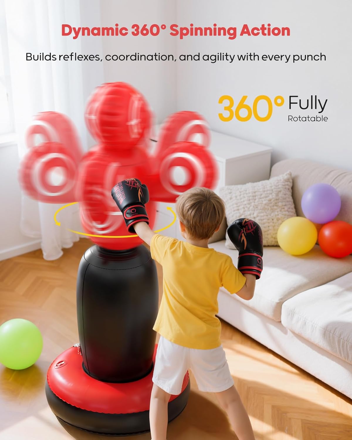 QPAU 360° Rotatable Kids Punching Bag - 64" Boxing Bag with 4 Targets & Kids Boxing Gloves, Inflatable Punching Bags with Hand Pump, Karate Taekwondo Training Gift Boys Girls