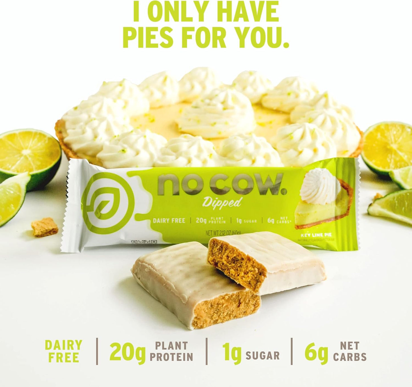 No Cow High Protein Bars, Dipped Key Lime Pie - Healthy Snacks, 20g Vegan Protein, High Fiber, Low Sugar, Keto Friendly, Dairy & Gluten Free (12 Count)