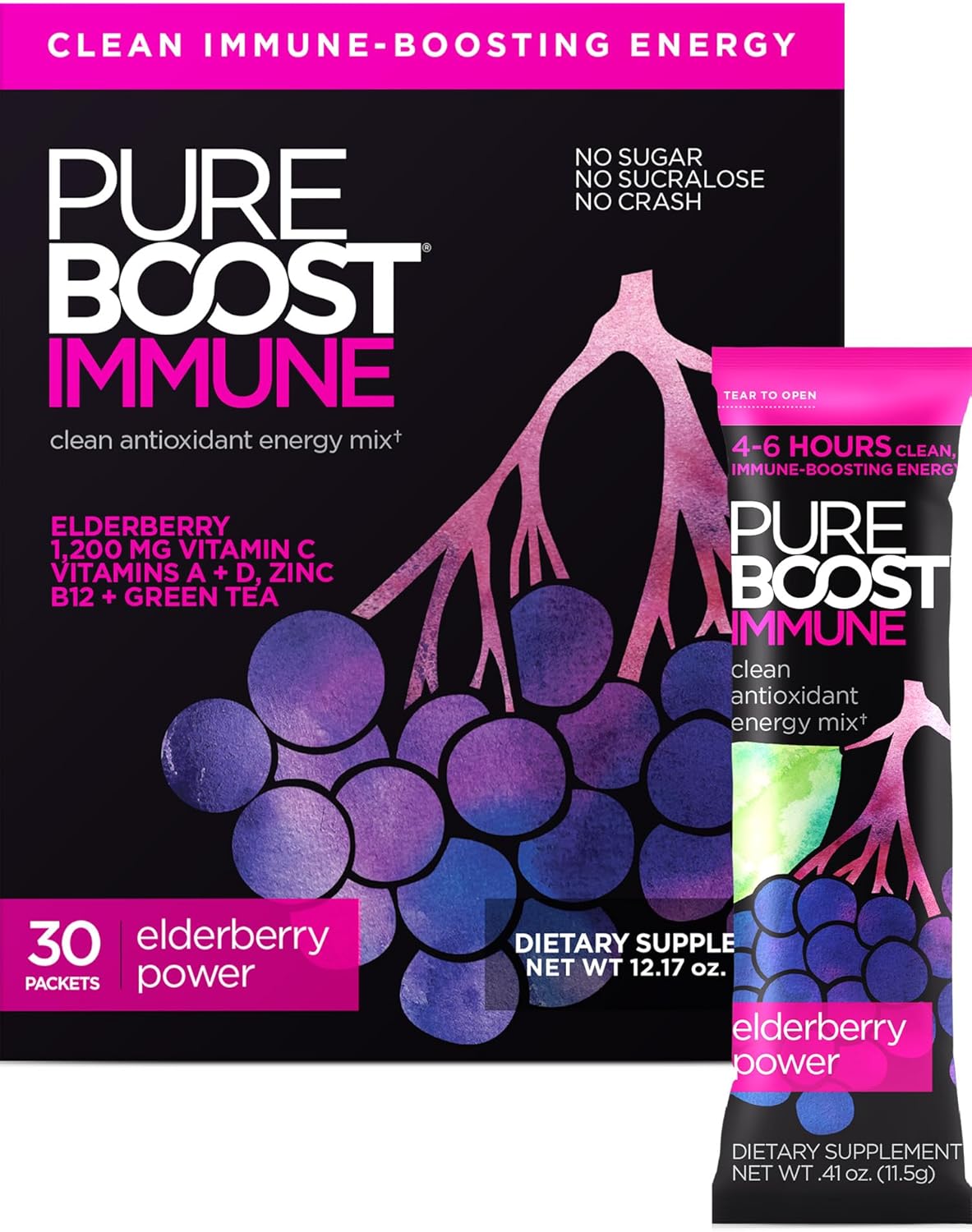Pureboost Immune Clean Energy Booster, Refreshing Energy Drink Mix and Immunity Supplement with Elderberry, 1,200 mg Vitamin C, Vitamins A + D, and Zinc. (Elderberry Power, 30 Count)