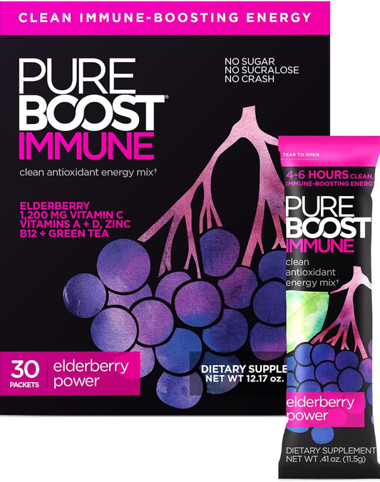 Pureboost Immune Clean Energy Booster, Refreshing Energy Drink Mix and Immunity Supplement with Elderberry, 1,200 mg Vitamin C, Vitamins A + D, and Zinc. (Elderberry Power, 30 Count)