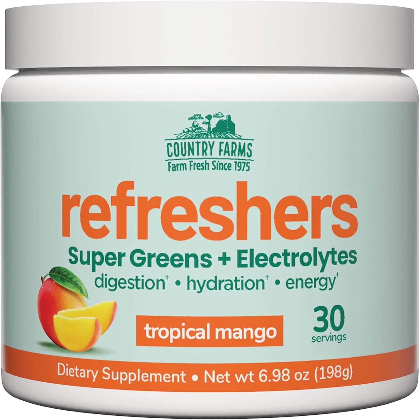 COUNTRY FARMS Refreshers, Super Greens and Electrolytes, Essential Minerals and Superfoods, Hydration Support, Promotes Natural Energy, with Fiber, Tropical Mango, 30 Servings