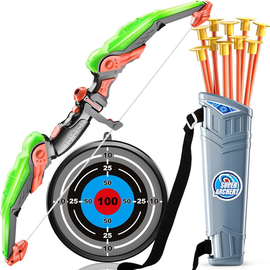 Bow and Arrow Set for Kids - LED Light Up Archery Toy Set - Includes 10 Suction Cup Arrows, Target & Quiver, Indoor & Outdoor Kids Archery Boys Toys