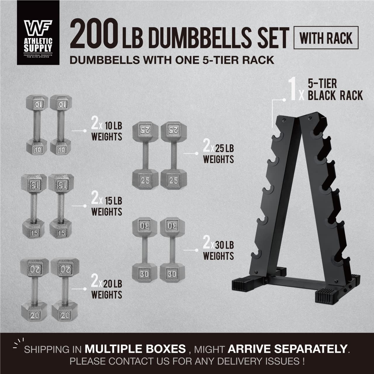 WF Athletic Supply 200Lb Dumbbell Set, 10-30Lb Dumbbell Set with A Frame Storage Rack for Muscle Toning, Strength Building & Weight Loss - Multiple Choices Available
