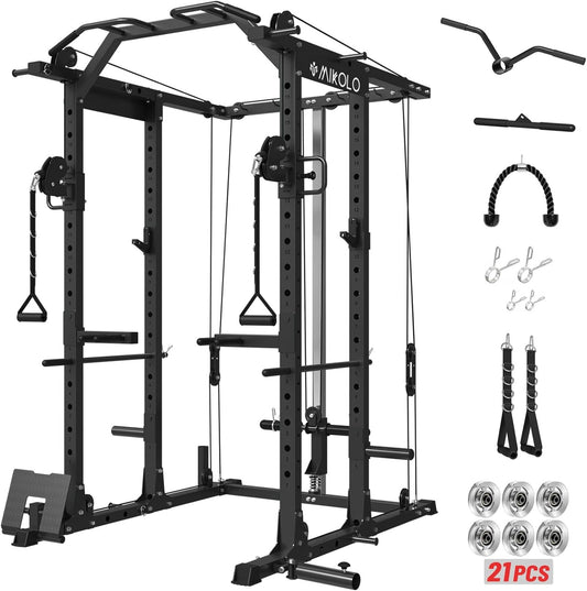 Mikolo Power Cage, Power Rack with Cable Crossover System, 1500LBS Squat Rack with LAT Pull Down System, Workout Cage with Pulley System for Fitness Home Gym