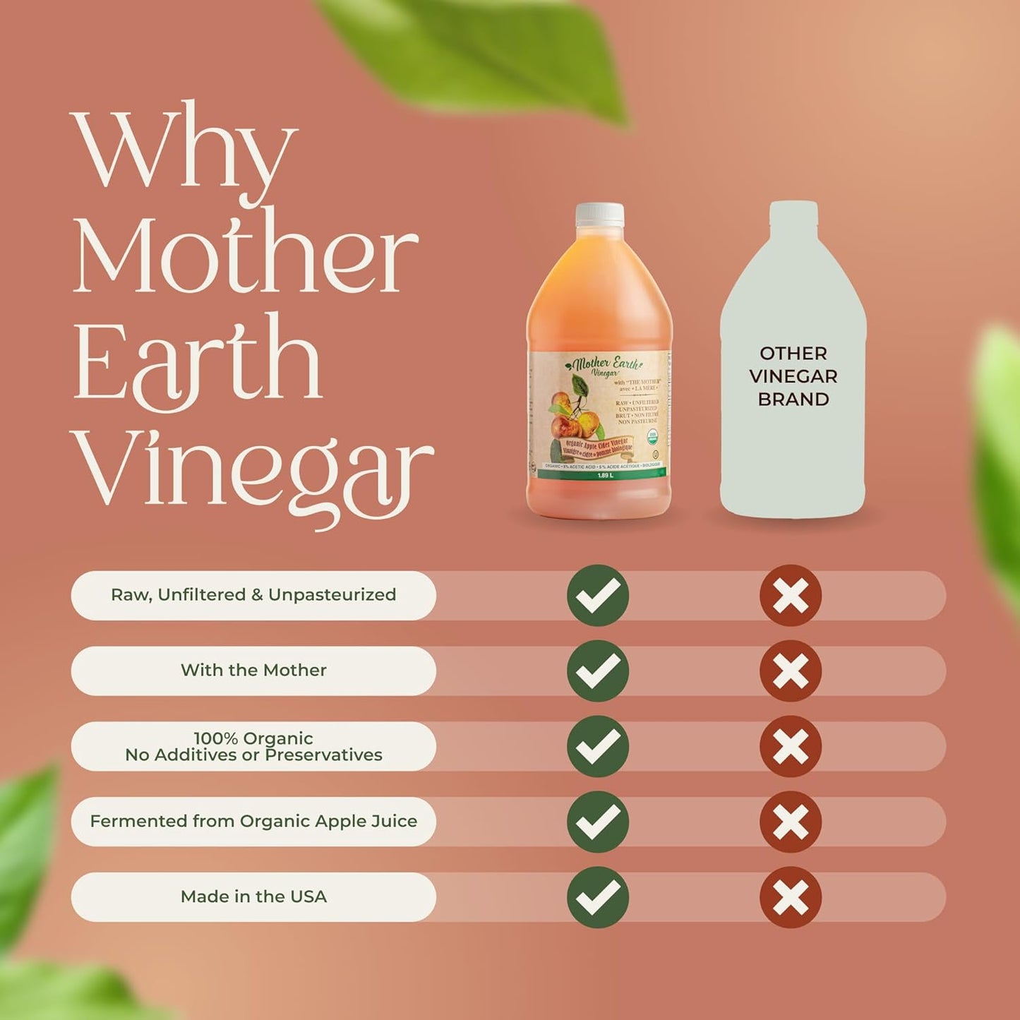 Mother Earth, Organic Apple Cider Vinegar with The Mother, Half Gallon, Fresh Pressed Organic Apples, OACV, ACV, Raw, Unpasteurized, Unfiltered (1/64oz Bottle)
