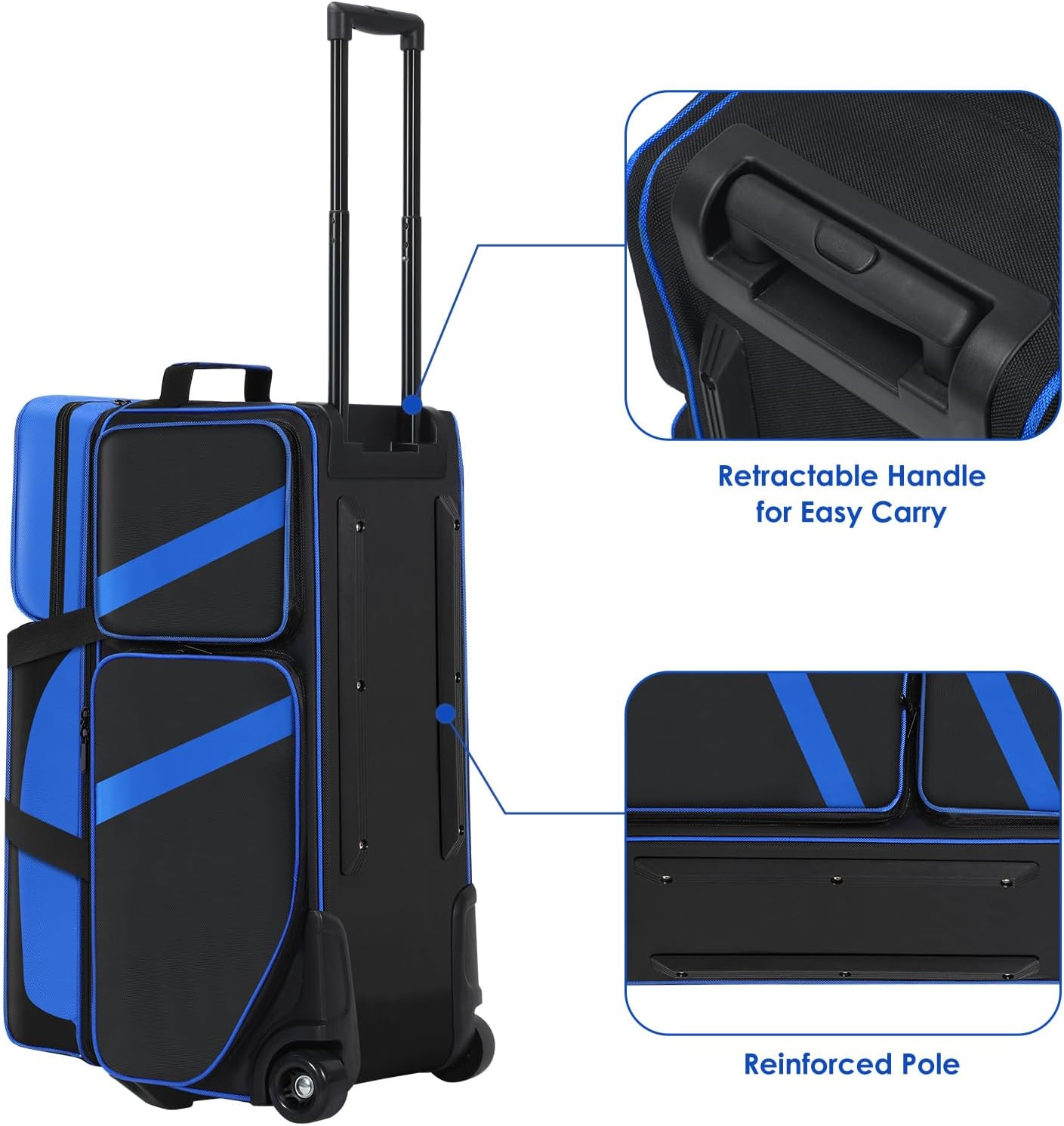 3 Ball Bowling Bags With Wheels,Bowling Bags 3 Ball Roller With Shoes Compartment And Multiple Pockets,3 Ball Bowling Bag has Retractable Handle Extends to 41.5 in