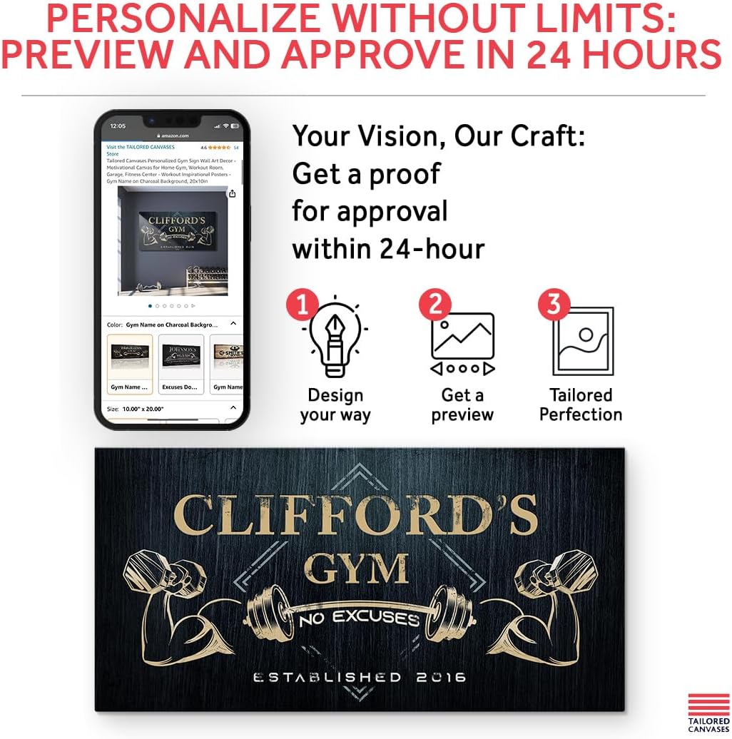 Tailored Canvases Personalized Gym Sign Wall Art Decor - Motivational Canvas for Home Gym, Workout Room, Garage, Fitness Center - Workout Inspirational Posters - Gym Name on Charcoal Background, 60x30in