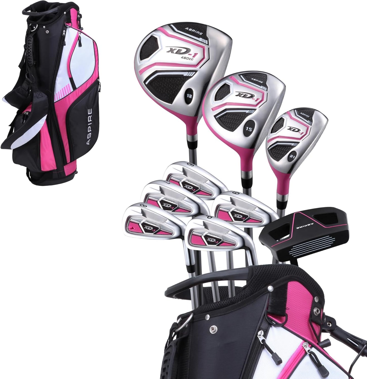 Aspire XD1 Womens Golf Clubs Full Set, Includes Driver, Fairway, Hybrid, 6-PW Irons, Putter, Stand Bag, 3 H/C's, Ultra-Light Graphite Shafts, Golf Clubs Women Right Handed, Comes in 3 Sizes, Pink
