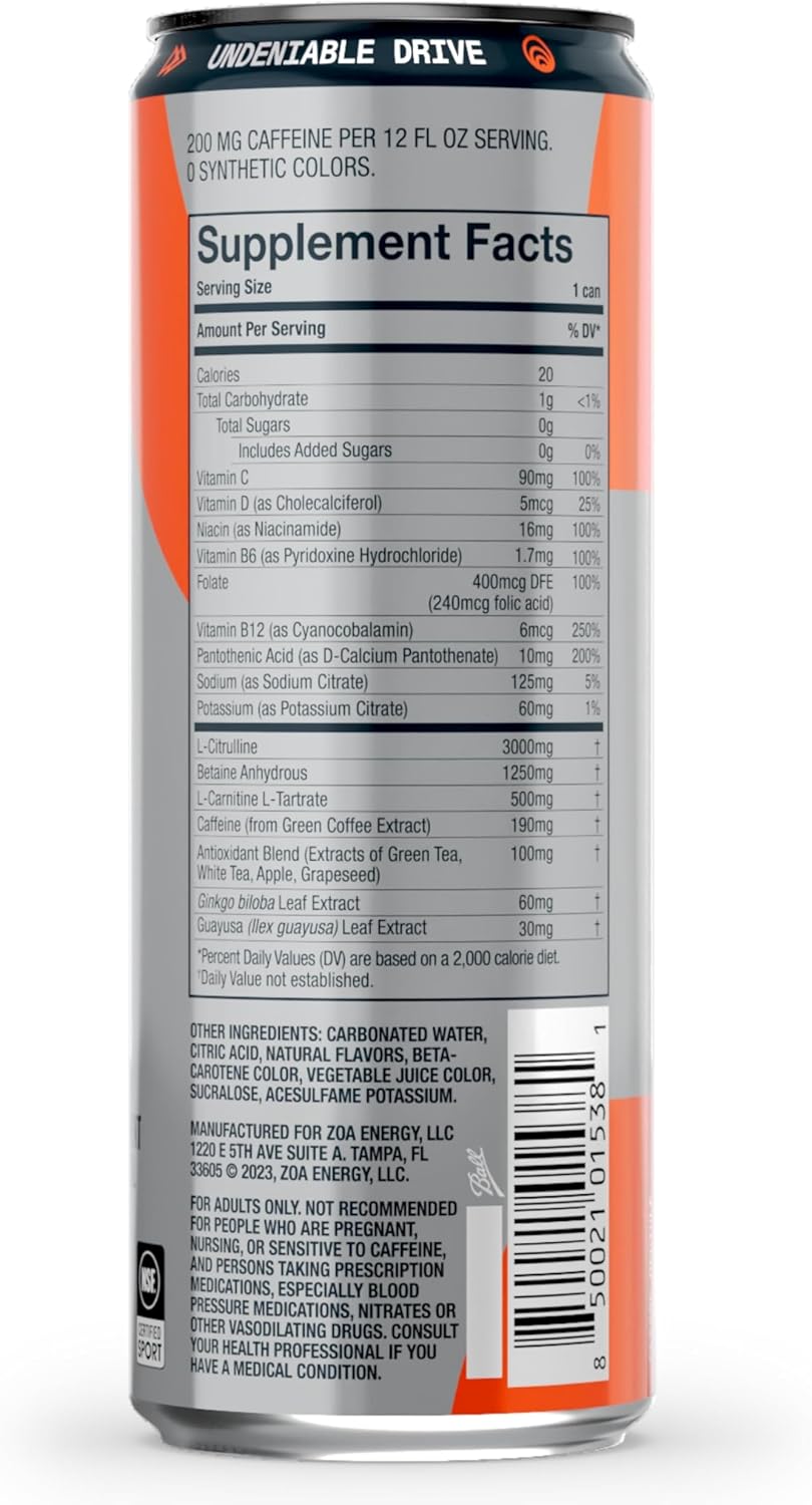 ZOA+ Pre-Workout Energy Drink Supplement - NSF Certified for Sport with Zero Sugar, Nitric Oxide Support, B & D Vitamins, Amino Acids, and Electrolytes (Orange Grapefruit)