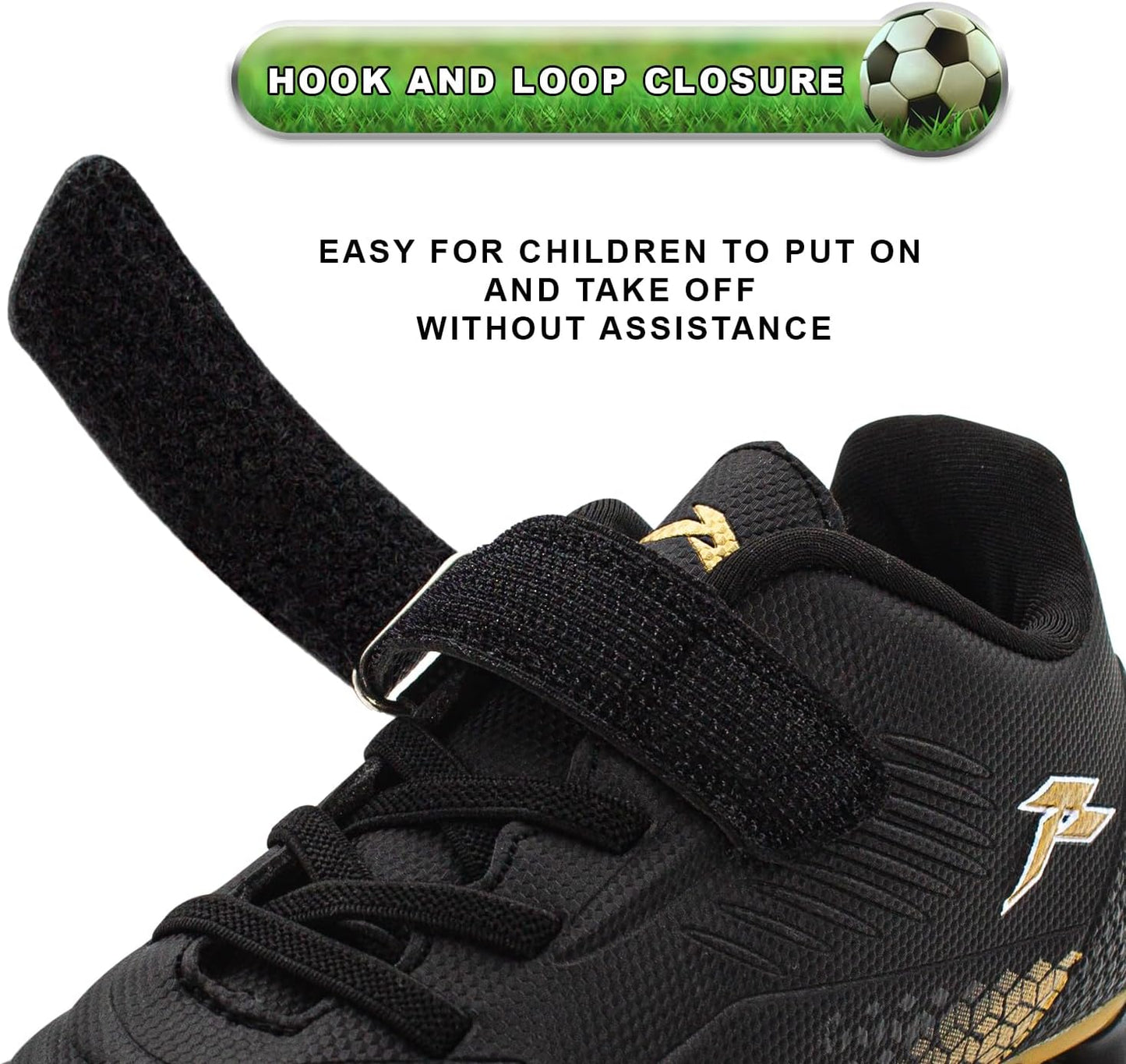 RUNIC Kids Soccer Cleats for Boys and Girls - Small and Big Kid Athletic Outdoor Football Shoes - Firm Ground - Hook and Loop Closure - Black/Gold