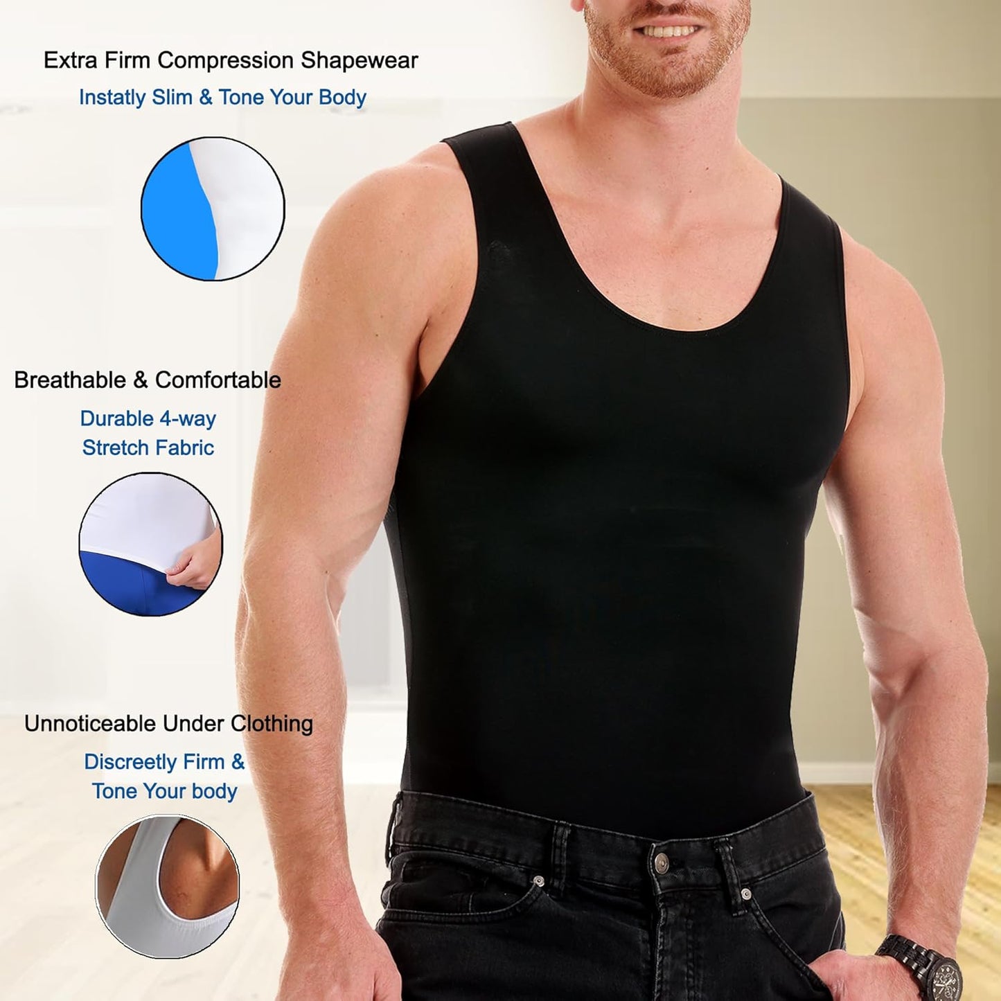Insta Slim -Made in USA- Compression Tank-Top Shapewear for Men. Tummy Control Slimming Body-Shaper for Belly & Back Support