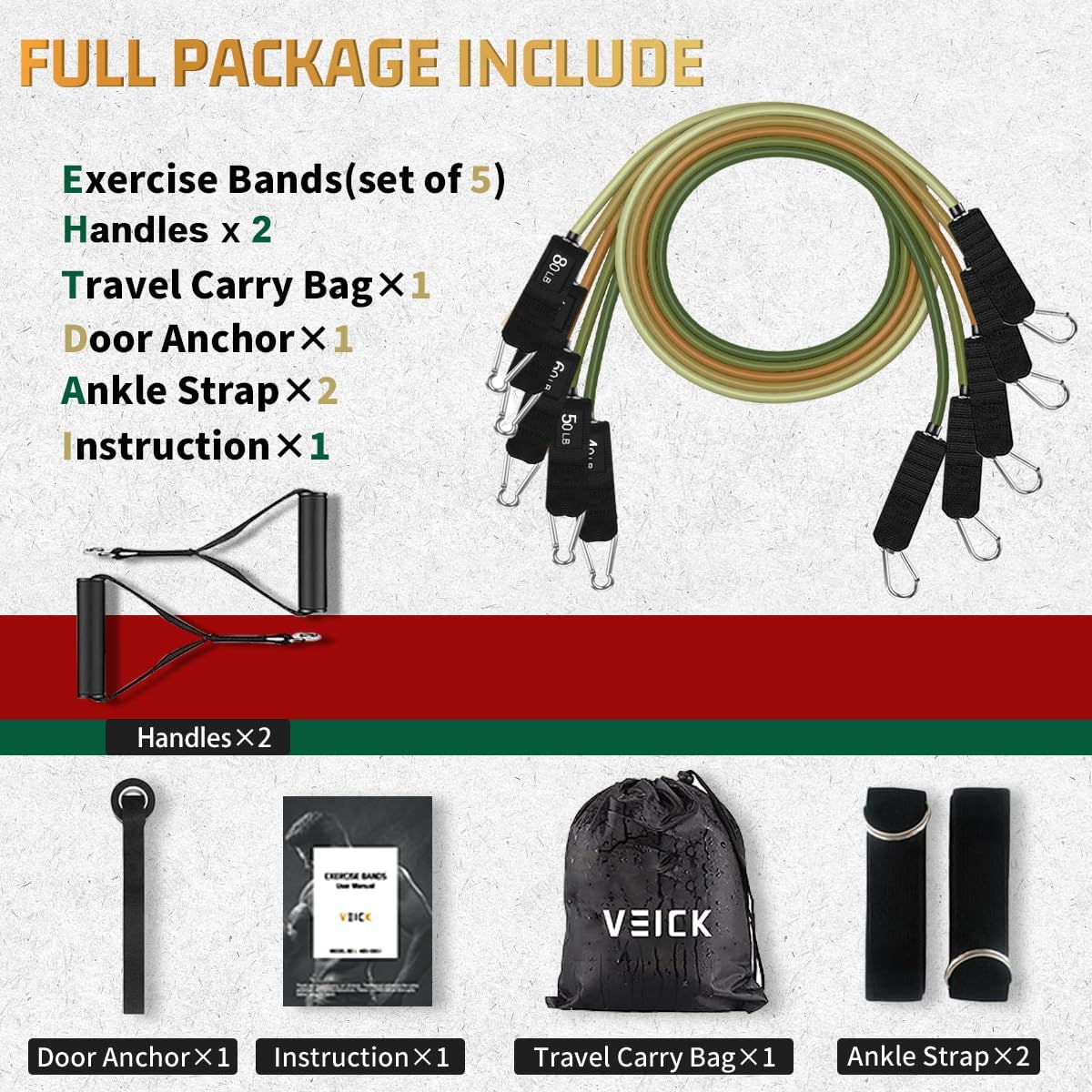 VEICK Resistance Bands, Exercise Bands, Workout Bands, Resistance Bands for Working Out with Handles for Men and Women, Exercising Bands for Fitness Weights Work Out at Home