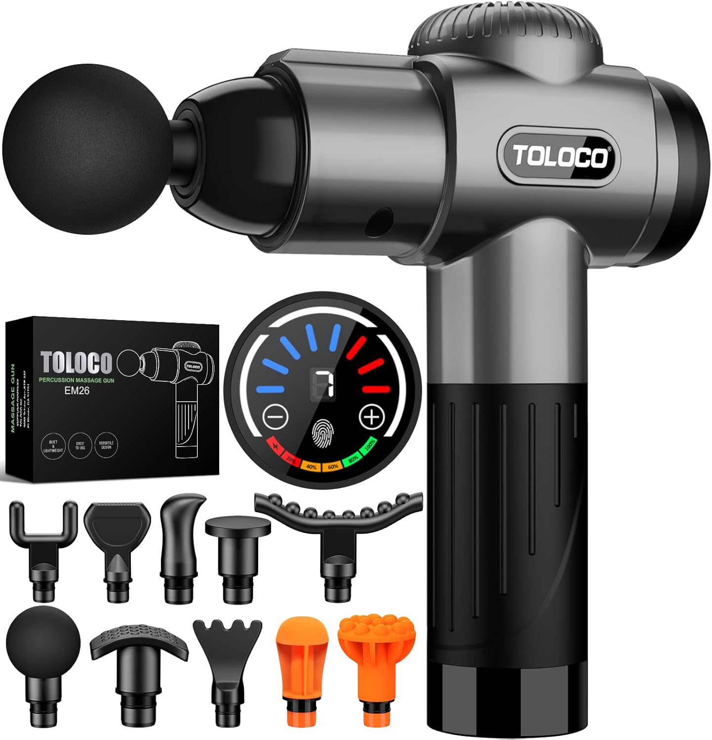 TOLOCO Massage Gun, Deep Tissue Back Massager for Athletes with 10 Massage Heads, Electric Muscle Percussion Massager for Any Pain Relief, FSA and HSA Eligible, Gifts for Fathers Day, Grey