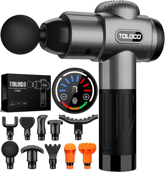 TOLOCO Massage Gun, Deep Tissue Back Massager for Athletes with 10 Massage Heads, Electric Muscle Percussion Massager for Any Pain Relief, FSA and HSA Eligible, Gifts for Fathers Day, Grey
