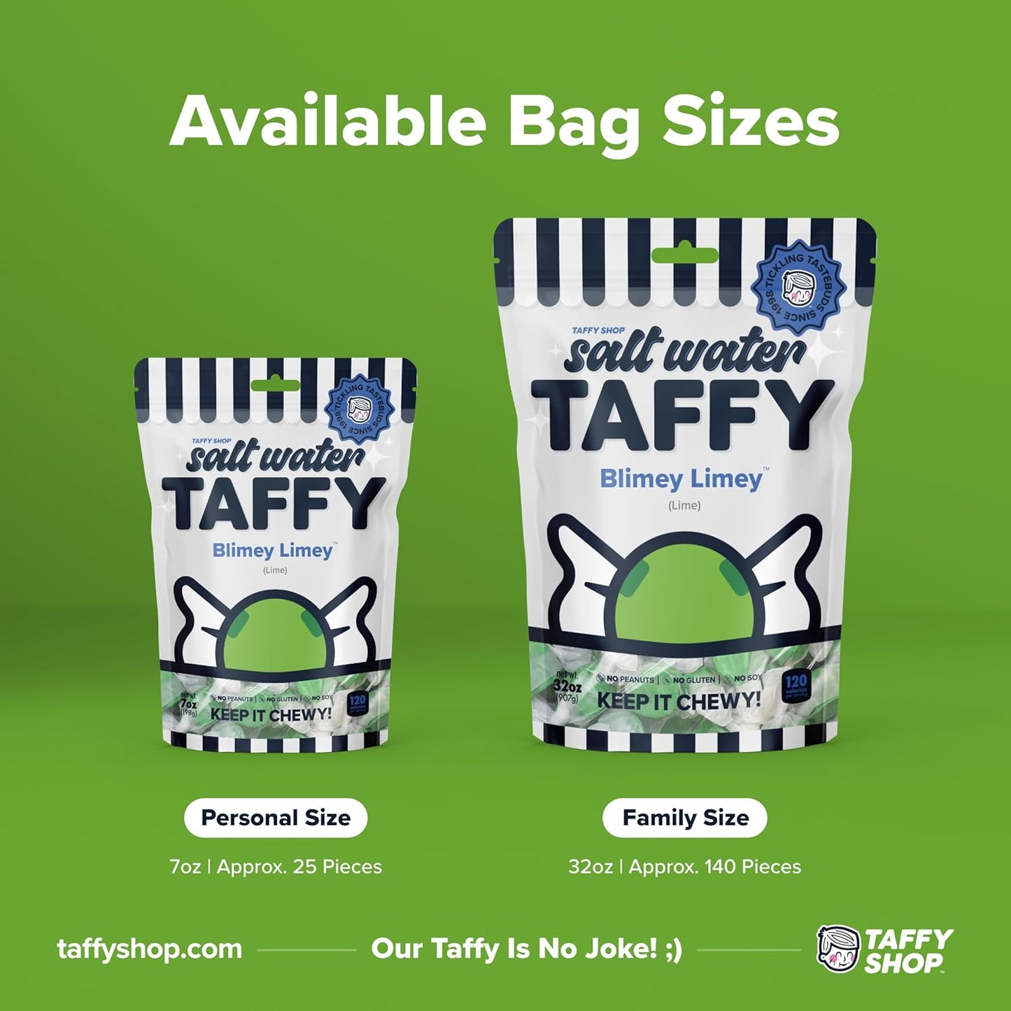 Taffy Shop Blimey Limey, Lime Salt Water Taffy Gourmet Soft Chewy Candy, Bulk Sweet Snack, Fresh Gift & Gluten-Free, 140 Individually Wrapped Pieces (32oz)