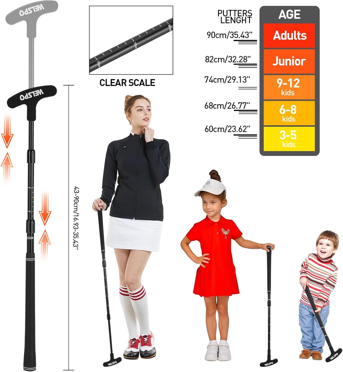WELSPO Golf Putters for Men and Women Two-Way Kids Putter Mini Golf Putter with 2 Golf Putters, 4 Golf Balls for Right or Left Handed, Adjustable Length Golf Putter for Children, Teenagers and Adults