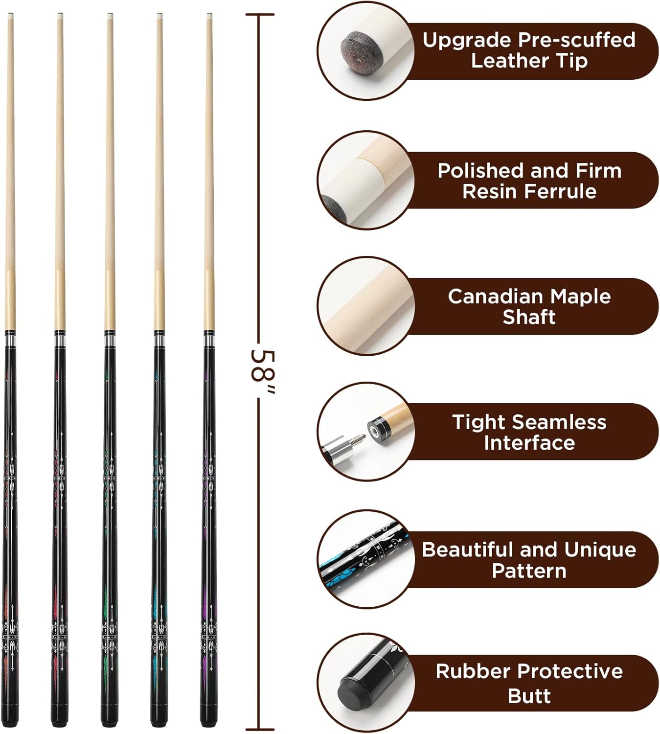 Pool Cue, 58" Billiard Cue Stick 2-Piece 13mm Maple Wood Pool Cue Stick 18 19 20 21oz for Bar House Pool Table Sports