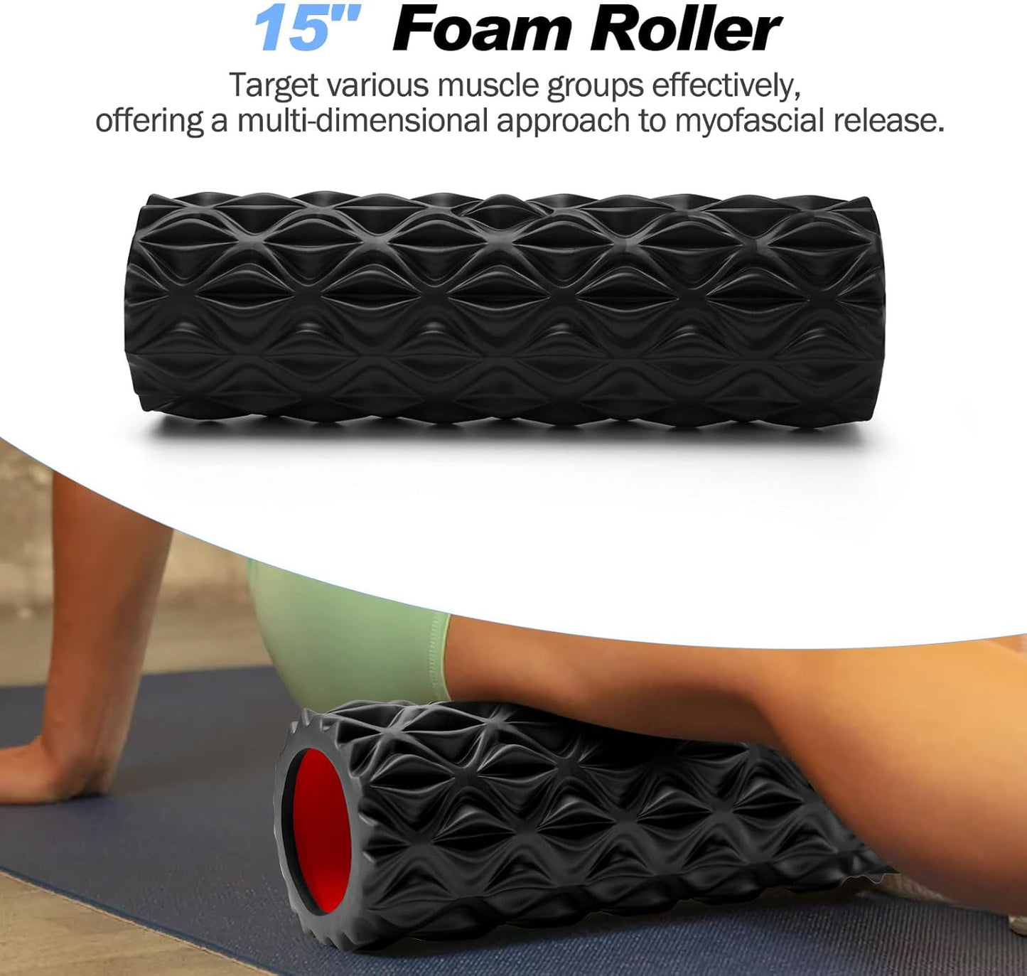 5 in 1 Foam Roller Set Trigger Point Foam Roller, Massage Roller Stick, Massage Ball, Stretching Strap for Deep Muscle Massage Pilates Yoga, Fitness Exercise for Whole Body (Black Diamond)