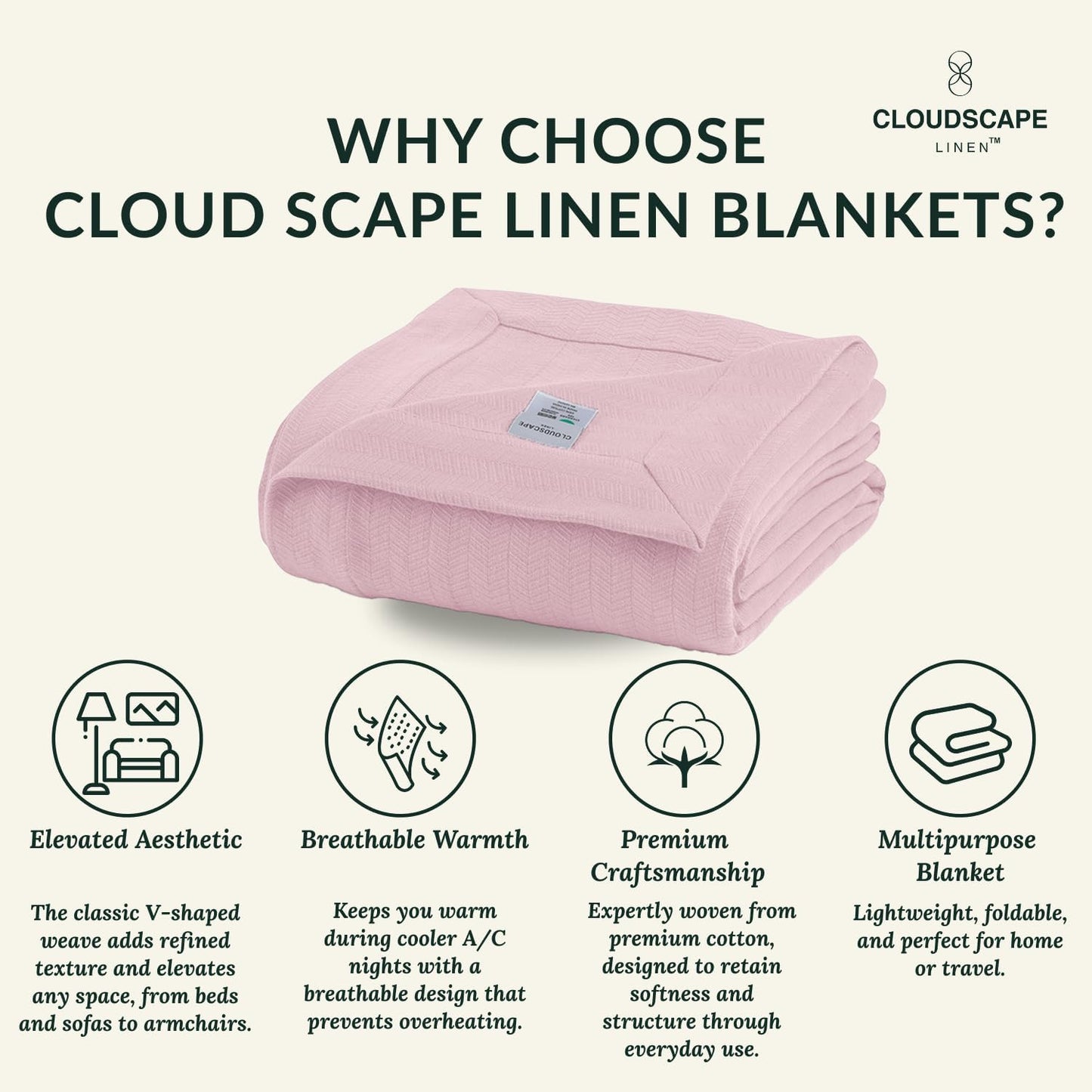 Cloud Scape Linen Herringbone Cotton Twin Blanket for Couch, Bed,Sofa, Home Decor, Soft, Lightweight, All-Season Bed Blanket, 68 x92, Seashell Pink