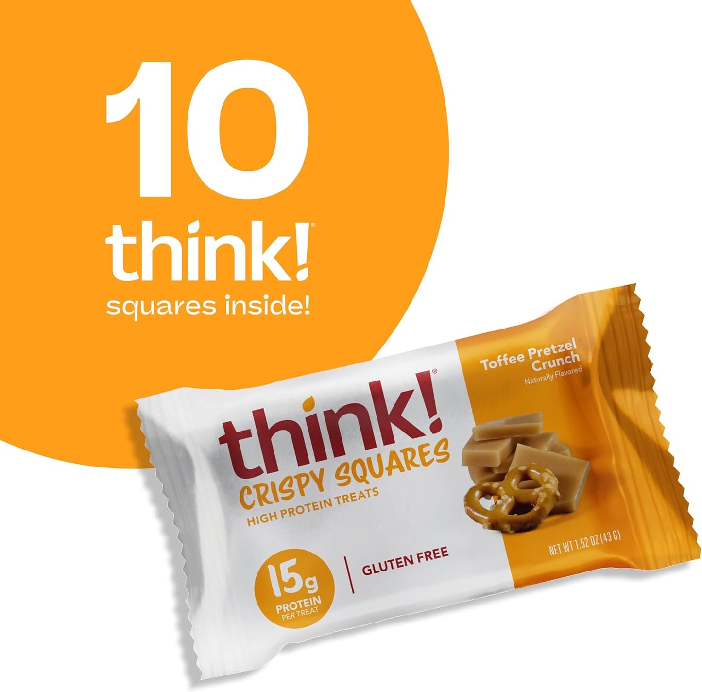 Think! High Protein Crispy Squares Toffee Pretzel Crunch Treat (10 Pack)
