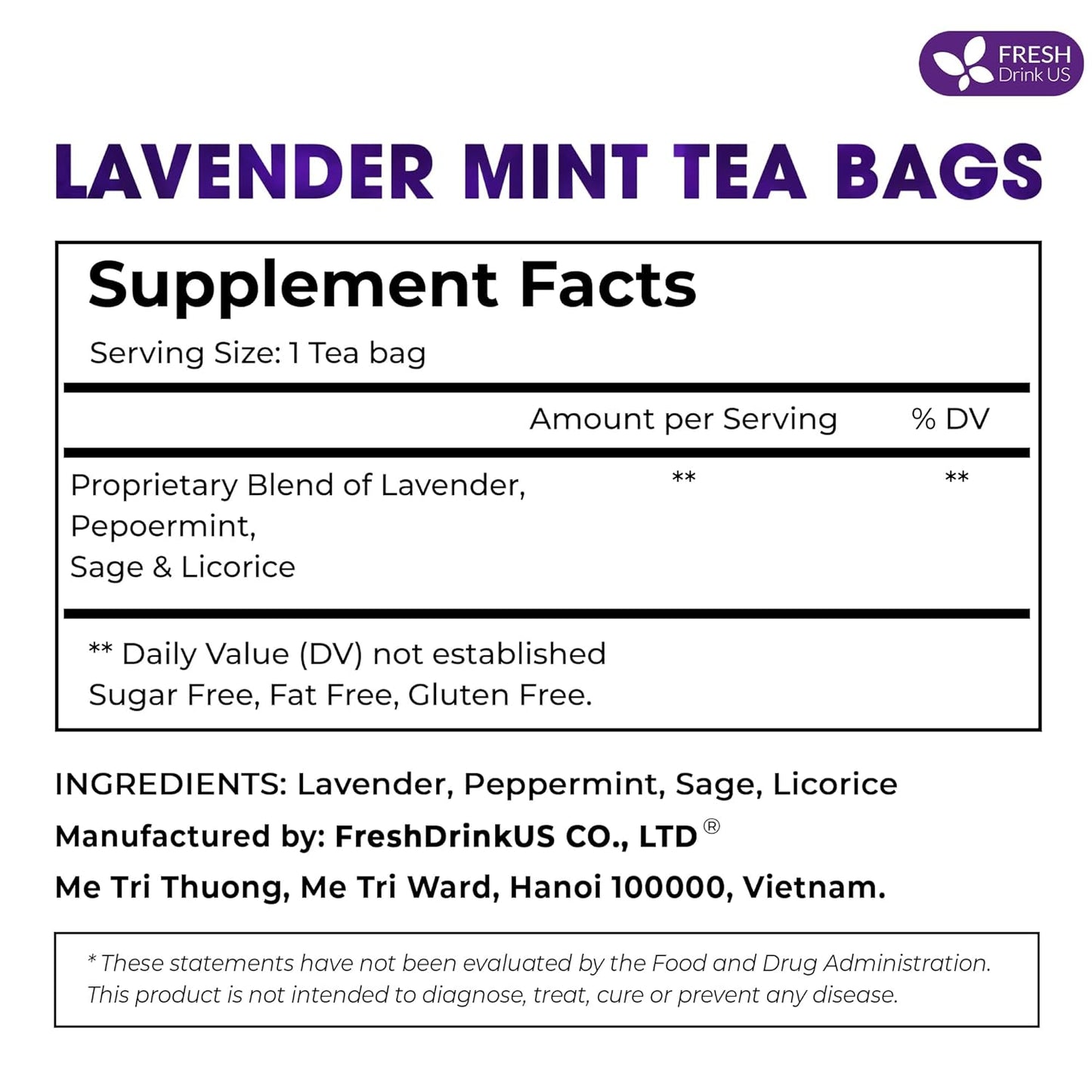 FreshDrinkUS, Premium 35 Tea Bags Lavender Mint Tea, 100% Natural, Blend of Lavender, Peppermint, Sage and Licorice. Made with Natural Material Tea Bags. No Sugar, No Caffeine, Vegan.