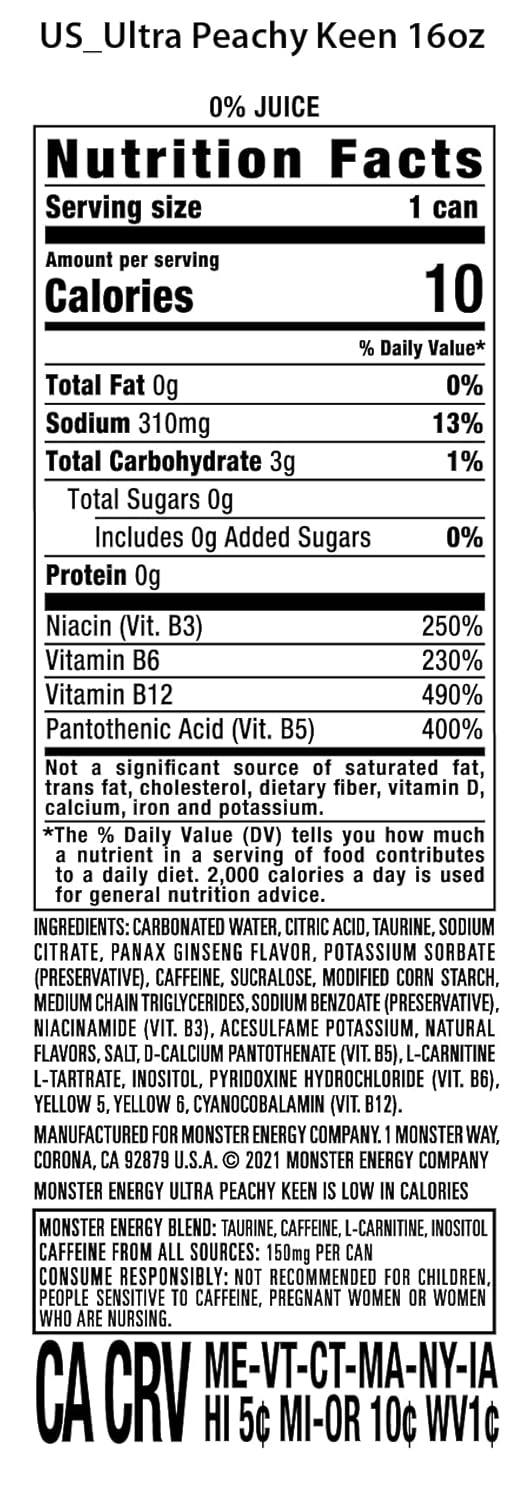 Monster Energy Ultra Peachy Keen, Sugar Free Energy Drink, 16oz (Pack of 24)