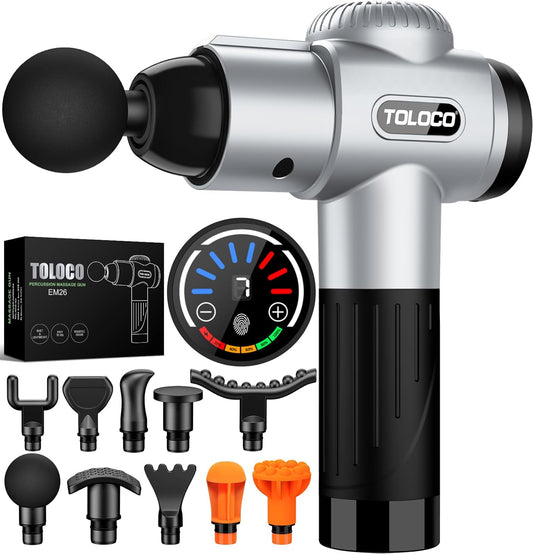 TOLOCO Massage Gun, Muscle Massage Gun Deep Tissue for Athletes with 10 Massage Heads, Electric Percussion Massager for Any Pain Relief, Gifts for Fathers Day, Silver
