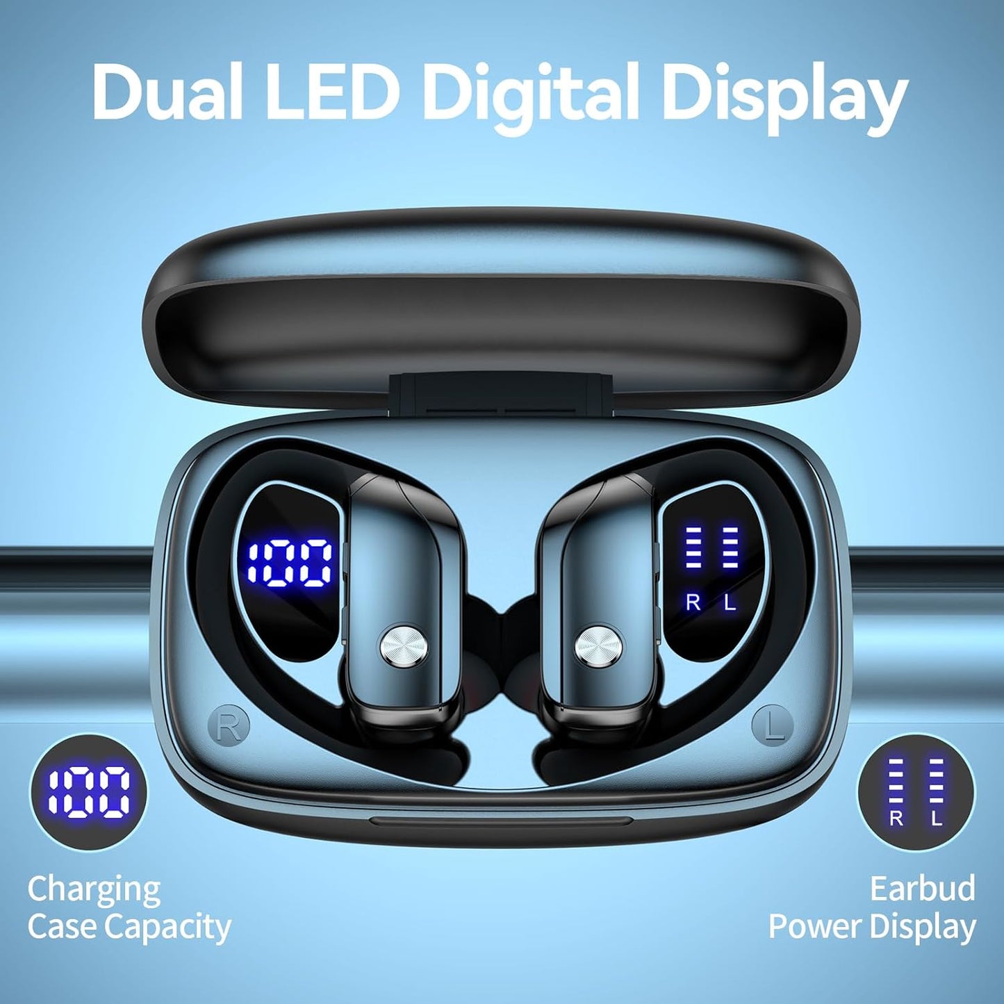 bmani Ear Buds Wireless Earbuds Bluetooth Headphones with 80H Playtime LED Display Case, Over-Ear Hook with Mic, Stereo Sound, Easy Button Controls, Sports Earphones for Running Workout Gym Black