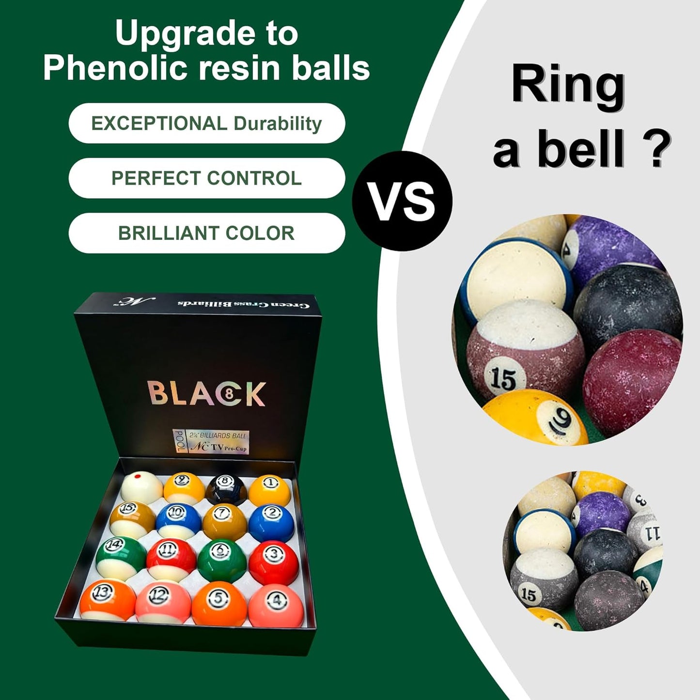 Billiard Balls Set 2-1/4" Regulation Size Pool Table Balls for Replacement (16 Resin Balls)
