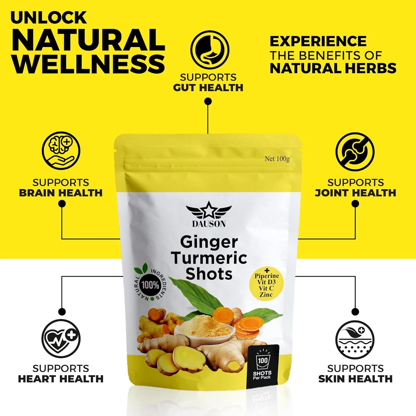 Ginger Turmeric Supplements with Piperine, Orange, Vitamin C, Vitamin D3 & Zinc | Ginger Turmeric Shots for Joint, Heart, Brain, Gut & Skin Health | 100 Servings | Ayurvedic | Powder