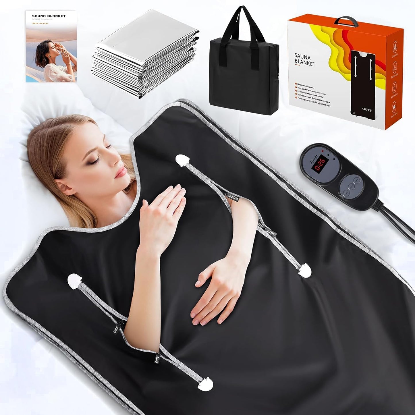 Infrared Sauna Blanket-Sauna Blanket for Home Use, Portable Design for Relaxation and Detoxification Highest 176℉, 20-60 Minutes Timer (Deep Black)