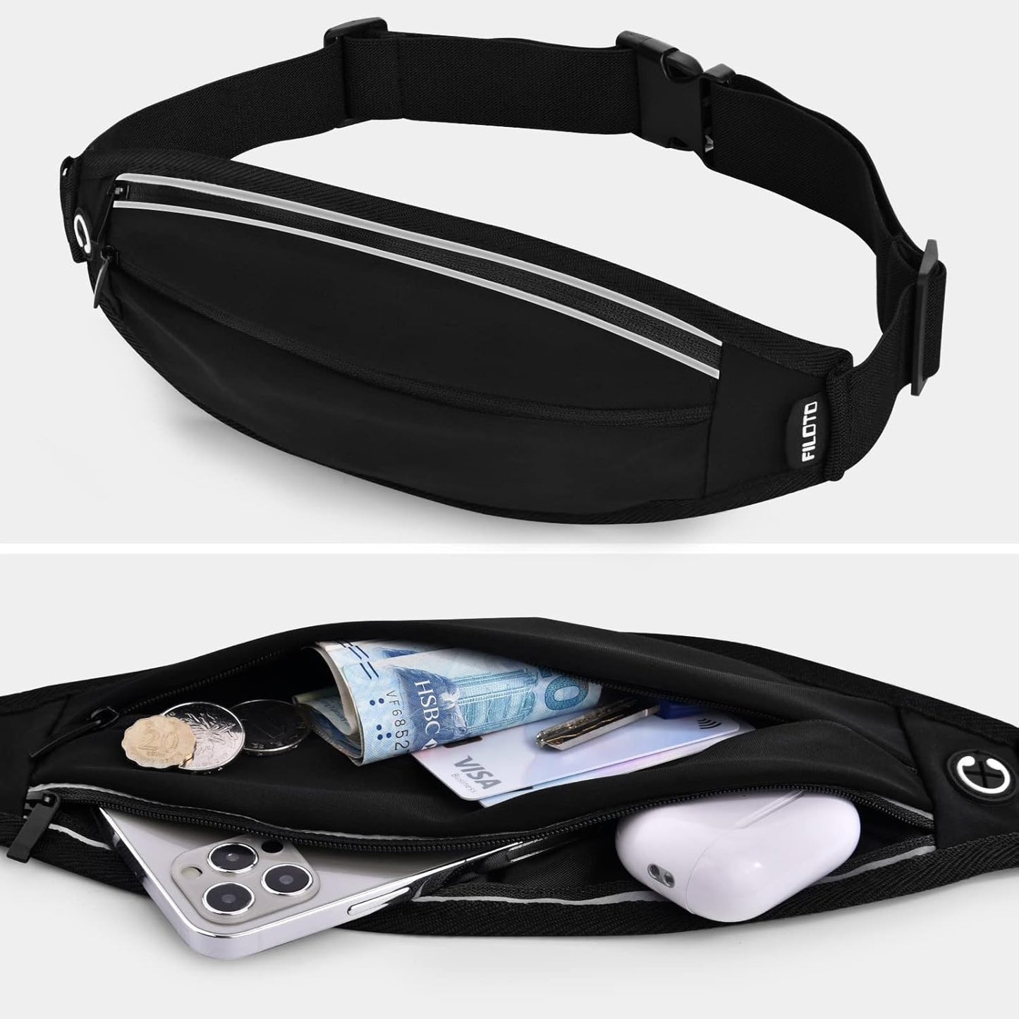 Running Belt Fanny Pack, Running Waist Pack for Women & Men USA Patented Hands-Free Reflective Runner Pouch Belt Fitness Workout Bag No-Bounce Adjustable Sport Travel Fanny Pack Cell (Black)
