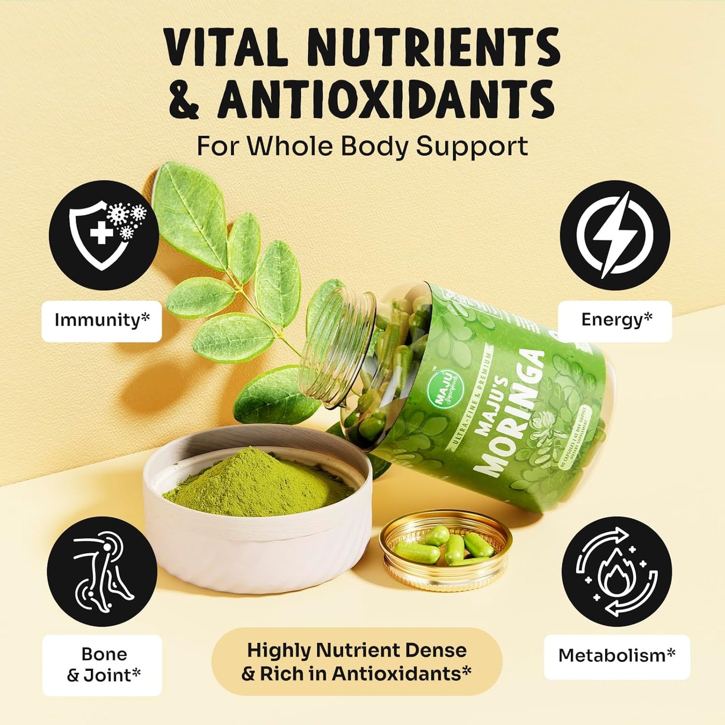 Maju Superfoods Organic Moringa Capsules, Oleifera Leaf, Extra-Fine Quality Moringa Leaves, Dried Drumstick Tree Leaves, Organic Moringa Powder Extract Supplement Capsules from Plant (90 ct)