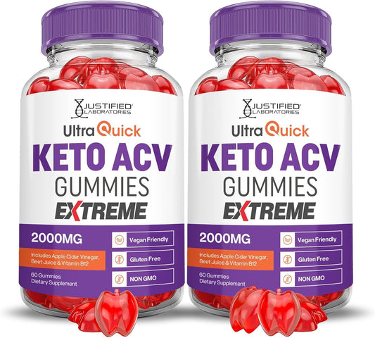 Justified Laboratories (2 Pack Ultra Quick Keto ACV Gummies Extreme 2000MG Ultraquick Keto Gummies Apple Cider Vinegar Formulated with Pomegranate Beet Juice Powder B12 Vegan Non GMO 120 Gummys