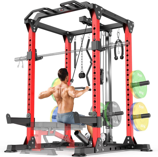 Power Cages Multi-Purpose Squat Rack with Cable Crossover System, Matching Weight Bench, Olympic Barbell Weight Set for Garage and Home Gyms