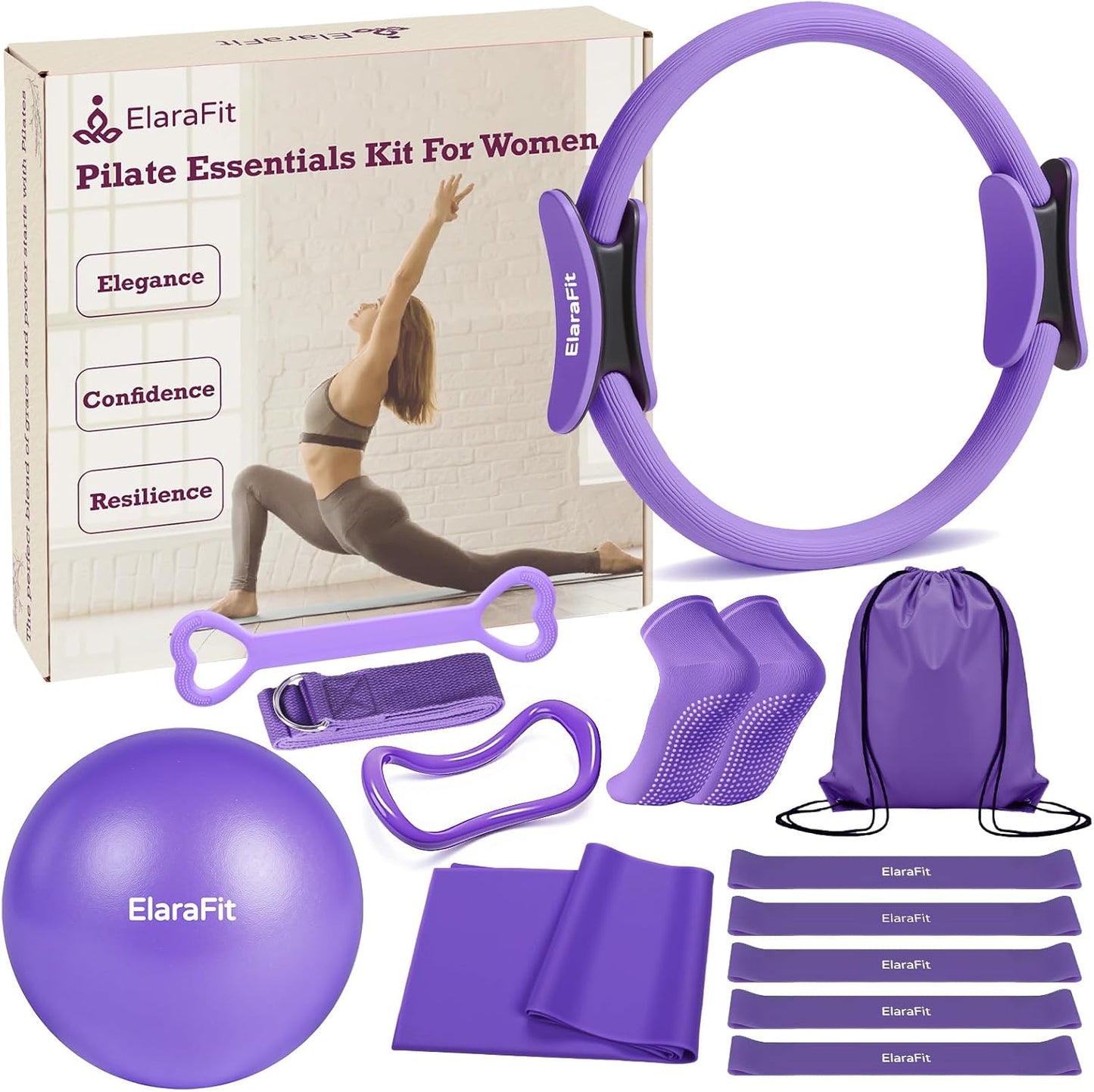 Home Pilates Kit for Women Pilates Equipment Ring and Ball Set Magic Circle Hoop with 5 Resistance Bands Compact Toning Fitness Essentials Starter Set Accessories