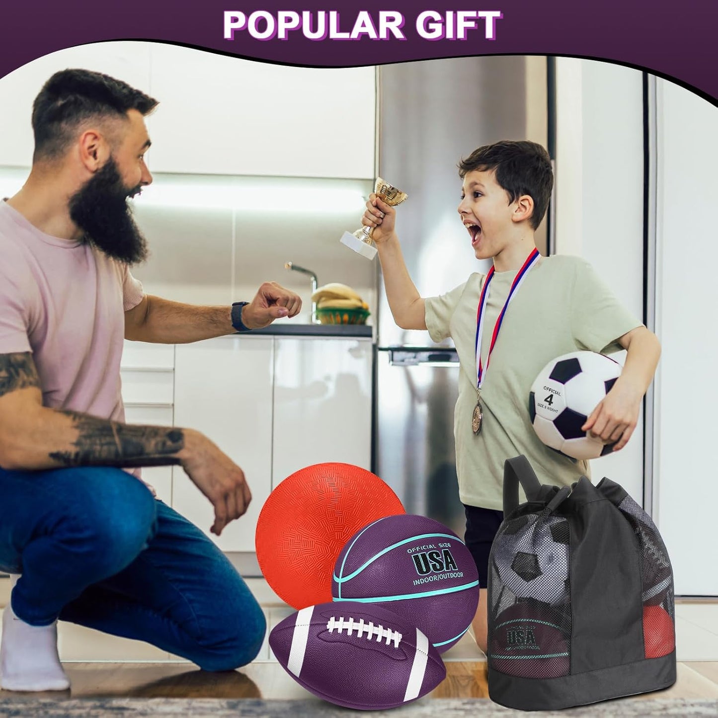 Deekin 4 Pcs Sport Balls Set for Kids Teens, Include Official Size 5 Basketball 4 Soccer 6 Football Playground Ball and Pump Sports Equipment Bag Recess Equipment Sport for Students(Purple, Teal)