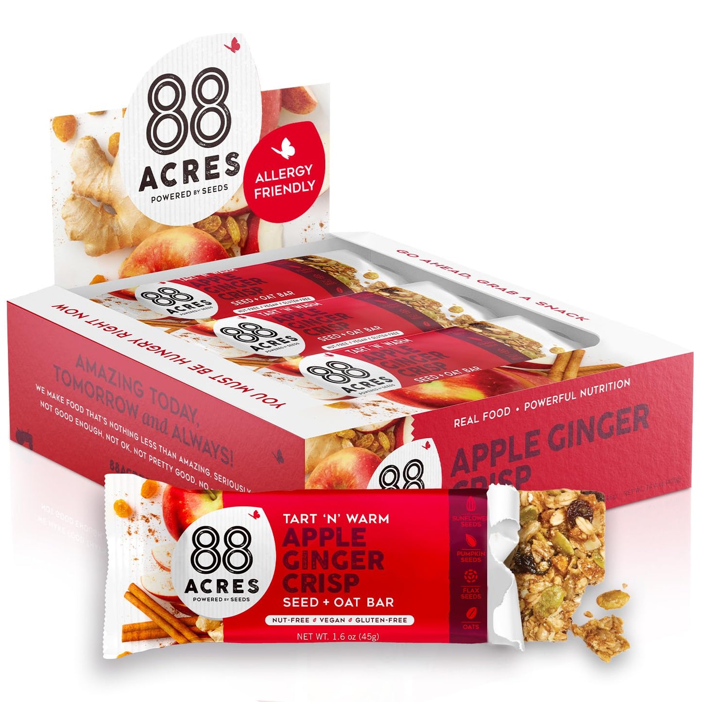 88 Acres Granola Bars | Apple Ginger Crisp | Gluten Free, Nut-Free Oat and Seed Snack Bar | Vegan & Non GMO | 12 Pack