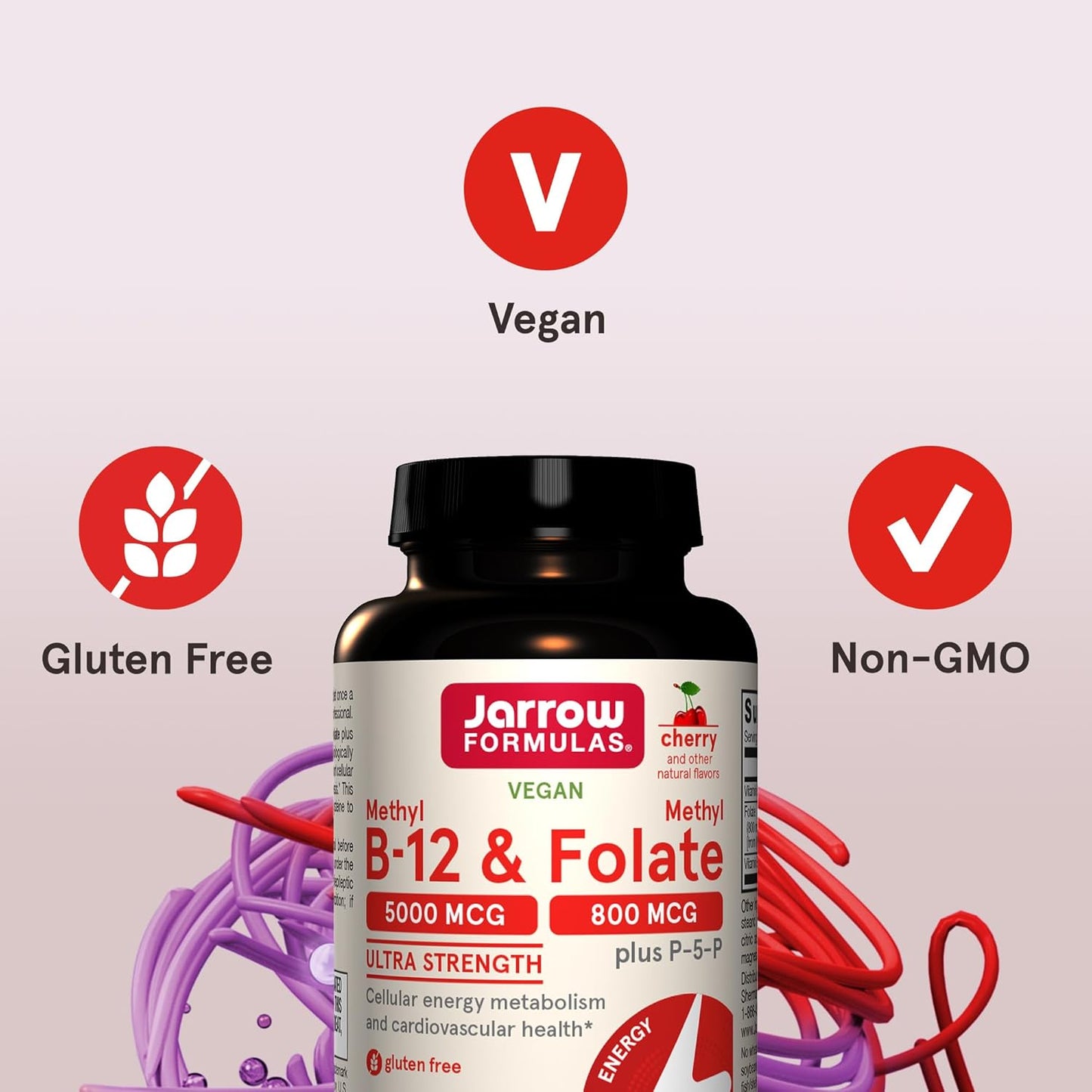 Jarrow Formulas Ultra Strength Methyl B-12 5000 mcg & Methyl Folate 800 mcg + P-5-P, Dietary Supplement for Cellular Energy Metabolism and Cardiovascular Support, 60 Chewable Tablets, 60 Day Supply