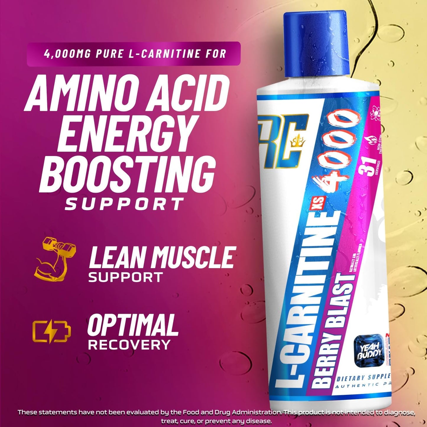 Ronnie Coleman Signature Series L Carnitine XS 4000 Liquid, Stimulant Free, Sugar Free, Zero Carbs, Lean Muscle Strength Support for Men & Women, Amino Acid Supplement, Berry Blast Flavor, 16 Oz