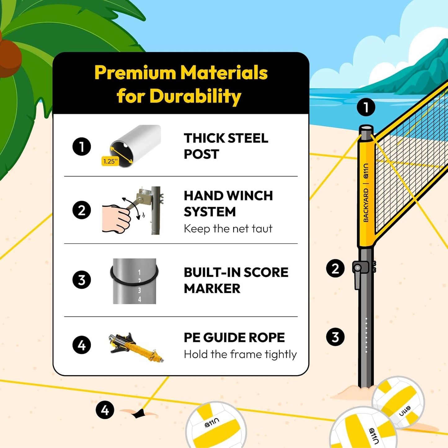 A11N Outdoor Volleyball and Badminton Combo Set - Includes Adjustable Height Anti-Sag Net, Volleyball, Air Pump, 4 Badminton Rackets, 2 Shuttlecocks, Boundary Line Marker, and Carrying Bag