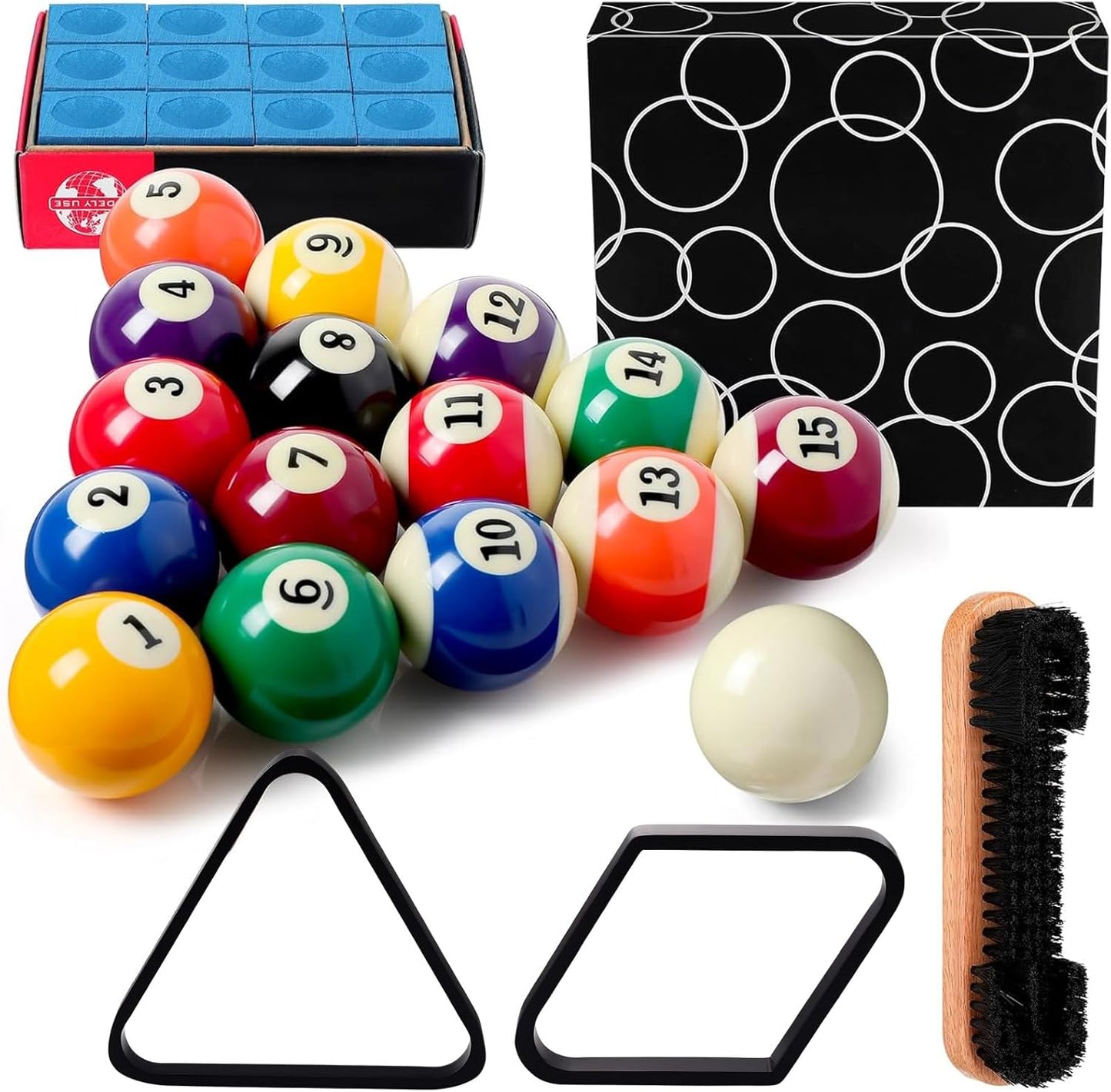 31 Pcs Billiard Accessory Kit Billiard Pool Table Balls with Triangle and Diamond Ball Holder Cue Chalks Pool Table Brush Set