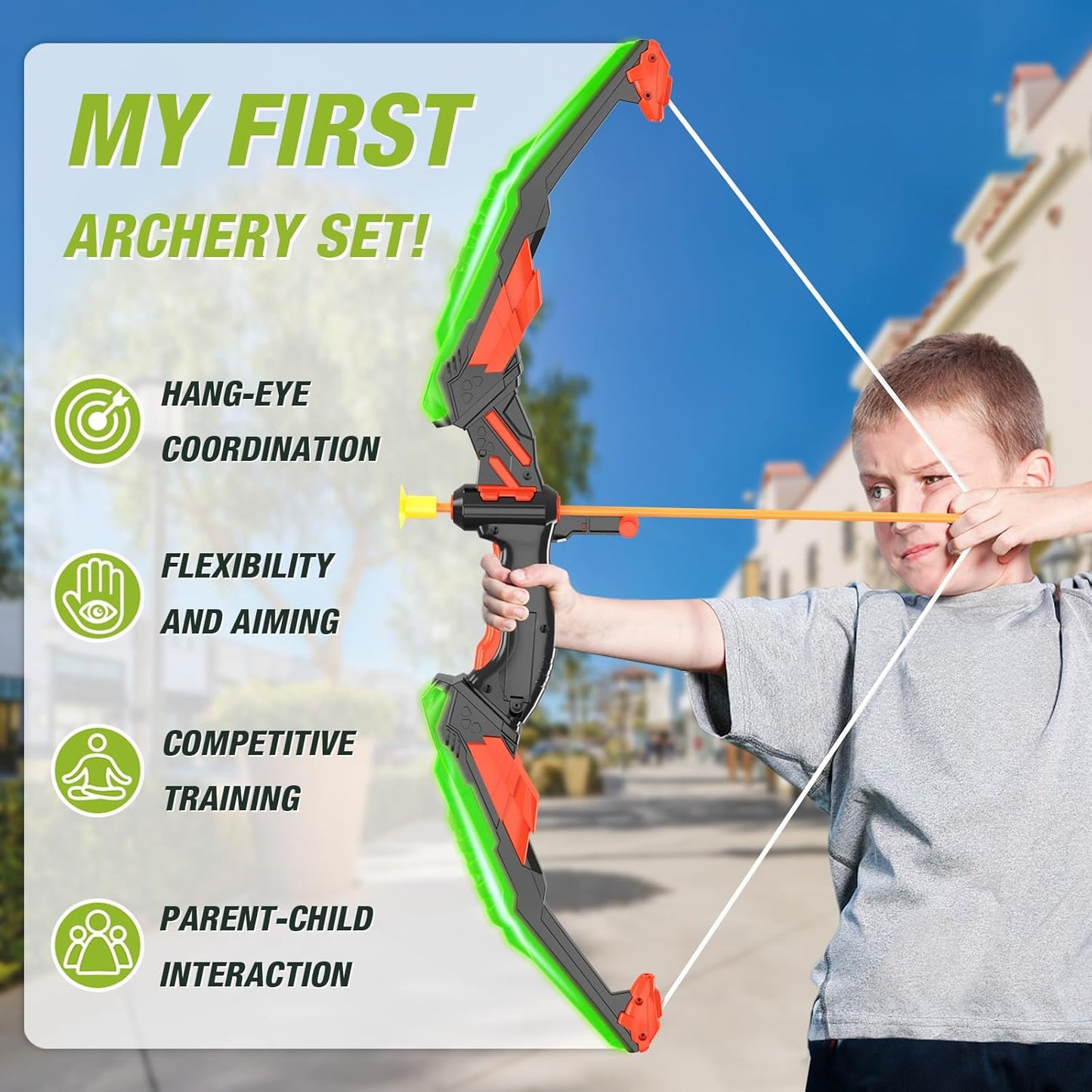 Bow and Arrow for Kids, LED Light Up Archery Set with 12 Suction Cup Arrows, 1 Standing Target, 3 Score Targets & 1 Quiver, Indoor Outdoor Sport Gifts for Boys Girls Ages 4-12, Green