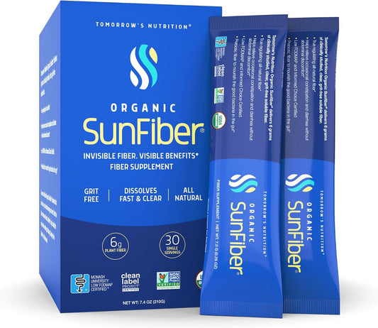 Tomorrow's Nutrition, Organic Sunfiber Stick Packs, Prebiotic Fiber Supplement for Digestive Health, Low FODMAP, Gluten-Free, 30 Packets, Blue