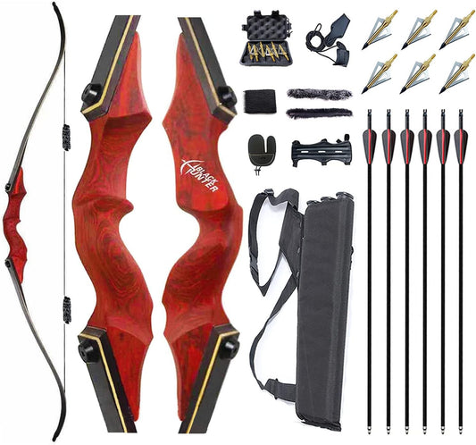 Archery 60" Recurve Bow and Arrows Set for Adults Right Hand Longbow kit Wooden Competition Hunting Shooting Training Outdoor Practice 30-60lb