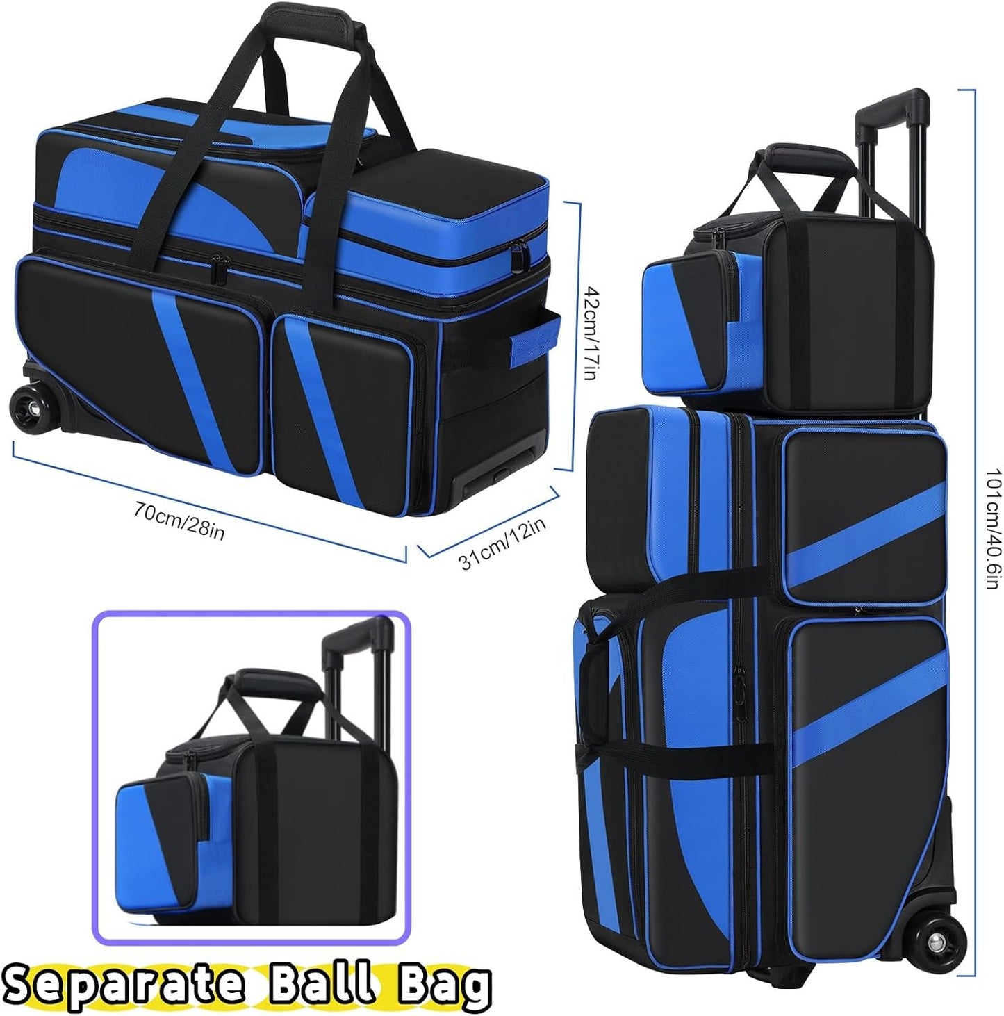4 Ball Bowling Bags with Wheels, Bowling Ball Bag with Multi-Pockets,4 Ball Bowling Bag with Secure Buckle Fixed Ball Cup & Shoe Compartment,3 Ball Bowling Bag+1 Ball Color Matching Add On Tote